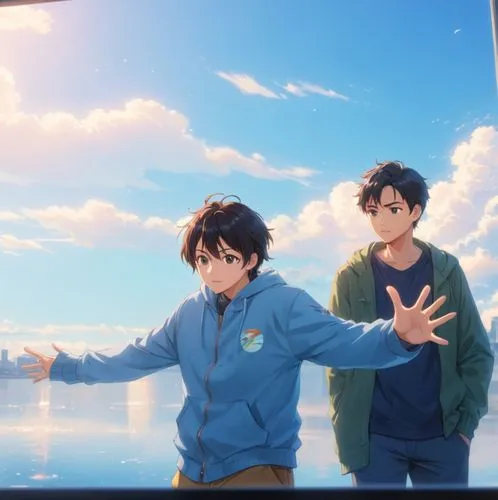 anime ,a man and woman posing in front of a tv screen,euphonious,bananafish,kyokai,hideharu,blue sky,hosoda,Anime,Anime,Realistic