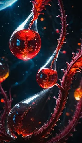 The divine elixir of love flows in red glowing streams of love from the cosmic plant of love, the laboratory of the starship.,a cluster of colorful, plant like objects in dark, water,krill,spermatopho