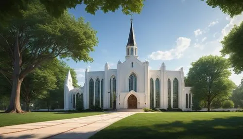 Falls Church Rd, modern architectural design, general church building, grand entrance, symmetrical facade, white stone walls, stained glass windows, tall bell tower, intricate carvings, ornate decorat