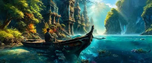 fantasy picture,fantasy landscape,fantasy art,boat landscape,3d fantasy,sea fantasy