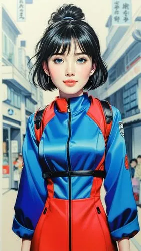 bright and saturated colors, suit, no background, background white. short hair, brunete, big eyes, blue eyes. American style drawing 11. big smile.,American style drawing of japanese woman,hanbok,xiao