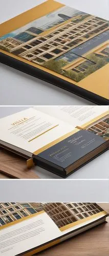 Modern architecture portfolio, minimalist wooden cover, golden font, table of contents page, elegant layout, cream-colored paper, precise typography, bold section titles, italicized subheadings, thin 