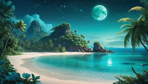 ocean paradise,ocean background,dream beach,an island far away landscape,emerald sea,tropical sea,moon and star background,beach landscape,cartoon video game background,fantasy landscape,landscape background,tropical beach,beautiful beach,tropical island,fantasy picture,beach scenery,mermaid background,paradise beach,paradisus,delight island,Photography,General,Realistic