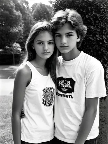 Black and white quality portrait of a pretty sophomore, high school with her boyfriend.,a young man and woman standing next to each other,vintage boy and girl,beckhams,chiquititas,vintage children,vin