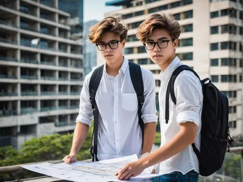 Senior high school student, boy, 18yo, casual clothes, jeans, white shirt, sneakers, backpack, standing, looking at blueprints, holding a pencil, serious expression, detailed eyes, glasses, messy brow