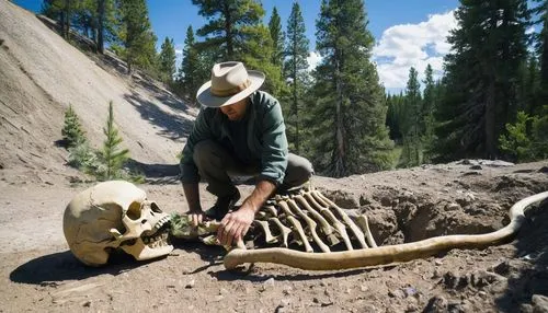 Yellowstone National Park, dinosaur fossil excavation site, massive ancient skeleton uncovered, yellow and brown stone surrounding, weathered rocky terrain, greenery and trees in the background, sunny