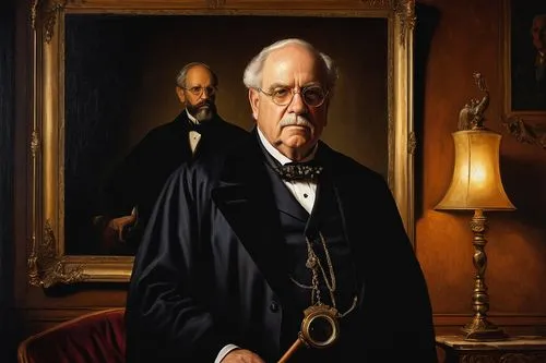 Clarence Thomas, Harlan Crow inspired, oil painting, old master style, realistic portrait, 19th century American gentleman, mature man, white beard, spectacles, formal attire, three-piece suit, waistc