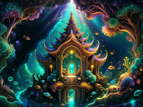 amazing fractal,there is a painting on the wall of this house,fractal environment,sanctum,3d fantasy,shambhala,fairy world,fantasy art,imaginarium,fantasy landscape,wishing well,legendarium,nidularium