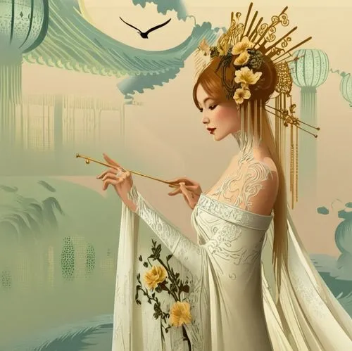 a woman with very large hands holds flowers in her hand,sun bride,frigga,the bride,margaery,fairy queen,amphitrite,Illustration,Retro,Retro 08