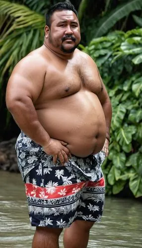 raw photo, burly chubby guy, tongan 40 years old, round face, fat, wet skin, joyfull face, black skin, wearing hawaiian shirt top, full body shot, hands on waist, body hair on chest, fat chubby chest,