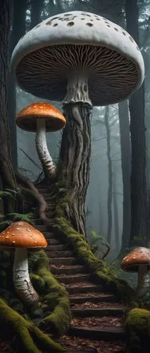 Fantasy landscape, giant mushroom, fluffy white clouds, eerie glowing eyes, sugar skull, ornate details, Victorian-era-inspired, mysterious atmosphere, dark forest, twisted tree roots, misty fog, soft