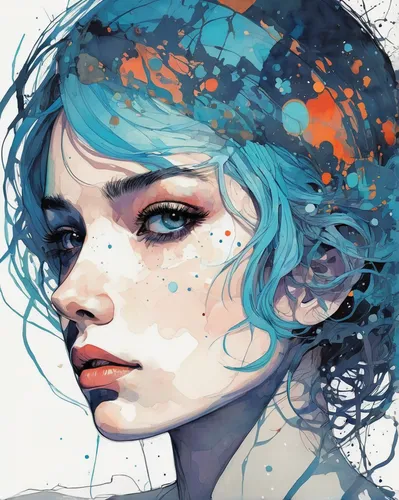 forget-me-not,watercolor blue,forget-me-nots,amano,blue hydrangea,forget me not,flora,digital illustration,cyan,palette,illustrator,blue petals,blue painting,forget me nots,blue mint,fantasy portrait,digital art,girl portrait,ocean blue,artist color,Illustration,Paper based,Paper Based 19