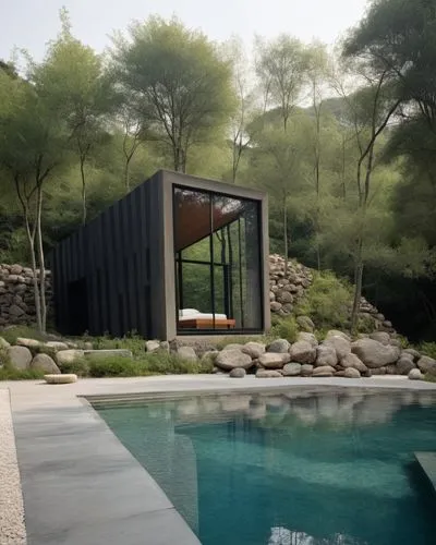 pool house,inverted cottage,dunes house,corten steel,cubic house,summer house,Photography,General,Realistic