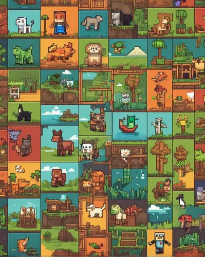 Pets Travelers and Their Amazing Adventures around the World,tileable patchwork,playmat,game blocks,collected game assets,tileable,jigsaw puzzle,cartoon video game background,picture puzzle,farm anima