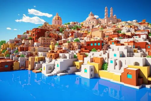 colorful city,elphi,gaudí,render,3d fantasy,cinema 4d,3d rendered,3d render,santorini,medieval town,fantasy city,mediterranean,blocks of houses,tileable,terracotta,ancient city,mud village,floating islands,venetian,skyscraper town