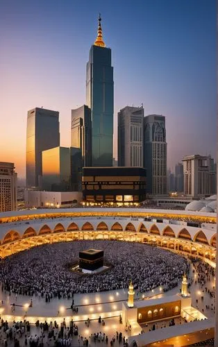 As the sun sets behind the skyline of the city, the iconic Mosque Al haram stands tall against the skyline, casting a kaaba-style architecture that blends seamlessly with the modern space. The intrica