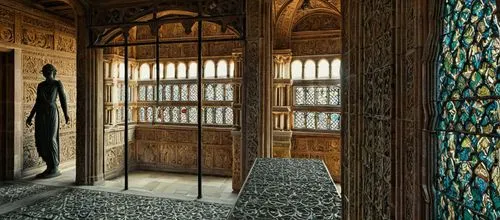 a mirror sitting in the middle of a room,alcazar of seville,mihrab,minbar,foyer,inside courtyard,the palau de la música catalana,amanresorts,antechamber,deruta,vestibule,royal interior,enfilade,entran