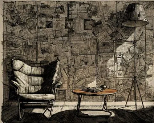 Interior de una casa, una silla y una lampara ,a drawing of a chair and a table in front of a wall with pictures of books,kentridge,brodsky,fornasetti,piranesi,witkin,david bates,Art sketch,Art sketch