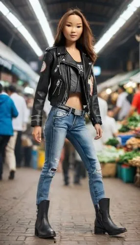 the atmosphere at the traditional market, lots of people, in the morning, it's cool, everyone is happy, not blurry, not bokeh,a young woman in a leather jacket is posing,haixia,plastic model,model tra