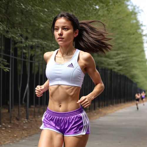 Wearing adidas running shorts.  wearing a purple sports bra.  White running shoes.  ran in New York.,female runner,sprint woman,racewalker,teodorescu,pandelela,racewalking,racewalk,free running,runnin