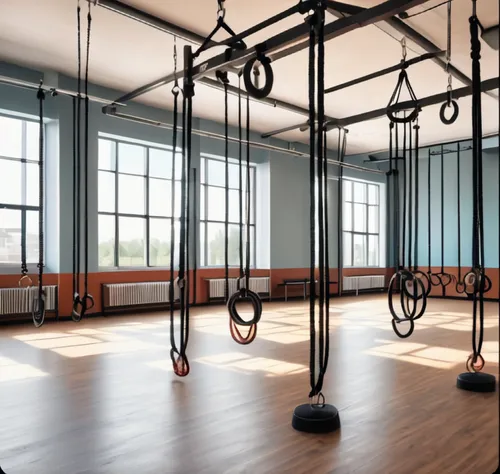 fitness room,exercise equipment,gymnastics room,gymnastic rings,fitness center,training apparatus,workout equipment,kettlebells,bodypump,aerial hoop,circus aerial hoop,kettlebell,horizontal bar,leisur