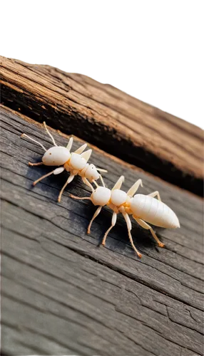 Termites, insect, group, white bodies, brown heads, antennae, wings, crawling, wooden structure, damaged wood, debris, close-up, macro photography, shallow depth of field, warm lighting, detailed text