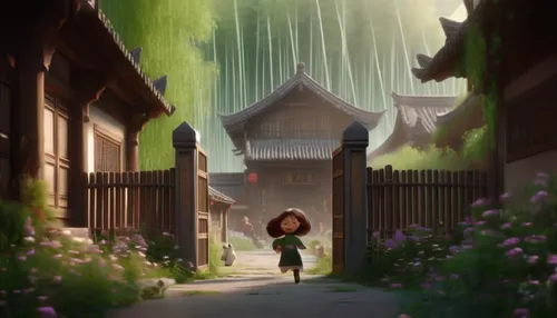 a girl in black shirt walking on sidewalk under a cloudy sky,merida,arrietty,mulan,aurora village,sylvania,dreamworks