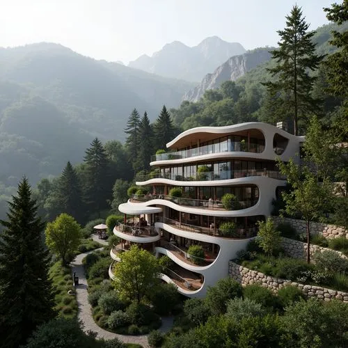 house in the mountains,house in mountains,futuristic architecture,terraces,tigers nest,mountain settlement,hushan,balconies,mountainside,building valley,hanging houses,wudang,interlace,terraced,apartment block,treehouses,apartment building,futuristic landscape,residential tower,luxury hotel