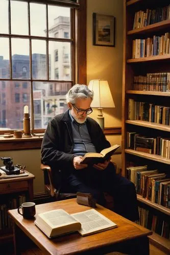 William Stout, architectural books, Montgomery Street, San Francisco, CA, mature man, bespectacled, gray hair, casual attire, holding book, standing, browsing, surrounded by bookshelves, wooden floor,