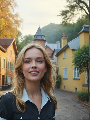 A 30-year-old French maid laughing her head off on the street.,a woman is posing for a po in front of some houses,risberg,seberg,oberstein,johansson,vrenna,habermann,Photography,Documentary Photograph