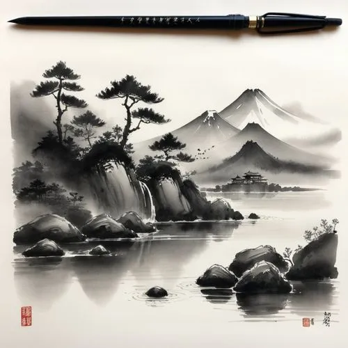 a chinese ink painting of a lake, trees, and mountains,mengzi,oriental painting,mengniu,japanese art,zhuangzi,baishi,Illustration,Paper based,Paper Based 30