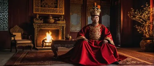 A real prince at the age of 6, in velvet and lace clothes, sitting nobly in a dark lounge next to the fireplace, the only light that spreads in the room,shuanghuan noble,asian costume,khlui,tai qi,emp