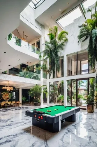 Modern bi-design architecture, luxurious villa, white marble walls, grand staircase, minimalist interior, floor-to-ceiling windows, sliding glass doors, lush greenery, indoor plants, natural light pou