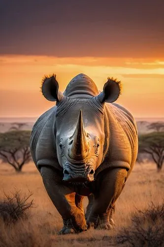 Rhino, majestic, powerful, rugged, gray skin, horn, muscular body, savannah landscape, sunset time, golden light, warm ambient atmosphere, vast open plains, few acacia trees, rocky outcrops, gentle hi