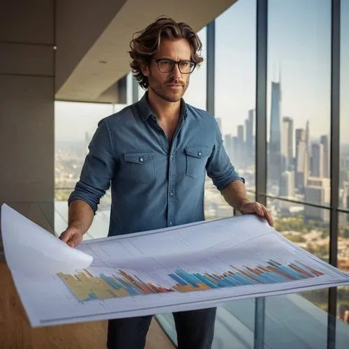 Modern architect, male, 30s, glasses, messy brown hair, casual wear, holding a large architectural design sheet, standing in front of a sleek glass presentation wall, city skyline view behind, morning