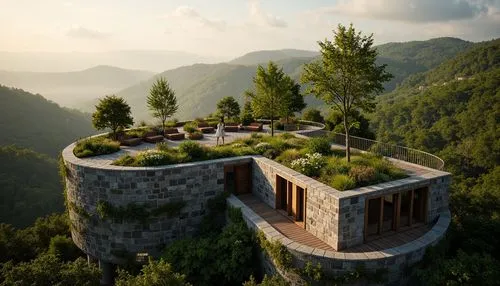 tulou,house in the mountains,house in mountains,roof landscape,wudang,castel,render,tree house hotel,cryengine,summit castle,grass roof,walhalla,forest house,galician castle,lookout tower,tree house,battlement,medieval castle,mystras,sempervirens