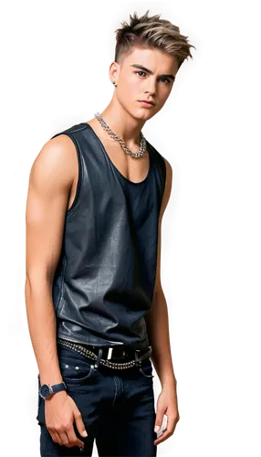 Muscular man, Shota, solo, (18yo), short spiky hair, no glasses, intense gaze, serious expression, sleeveless vest, silver chain necklace, black jeans, combat boots, standing, dramatic lighting, 3/4 c