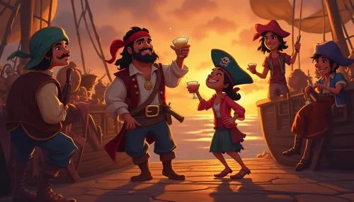 funny pirates makien fun,party, dancing,drinking for kids, cartoon stule in Cinematic Tones, with a focus on storytelling and emotional depth, using warm, earthy shades of bronze and purple to evoke a