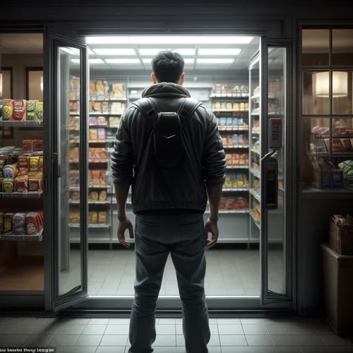 convenience store,pantry,grocer,vending machine,vending machines,grocery,consumer,frozen food,shopkeeper,grocery store,fridge lock,supermarket,freezer,refrigerator,grocery shopping,fridge,groceries,shopper,digital compositing,consumerism