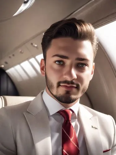 corporate photoshoot of a man, in a private jet, raw, unedited, symmetrical balance,  , sophisticated gentleman, crisp tailored navy blue suit, peaked lapel, white pocket square, rectangular red lapel