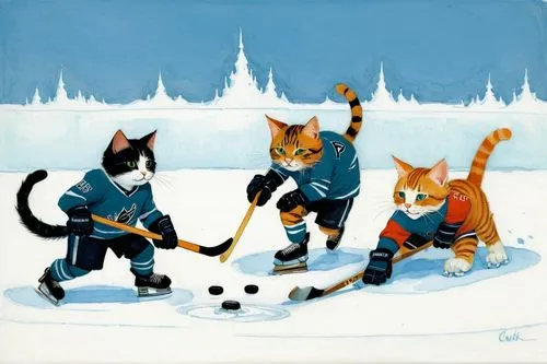 icecats,cats playing,ice hockey,snowshoers,winter sports,icehockey,Illustration,Paper based,Paper Based 17