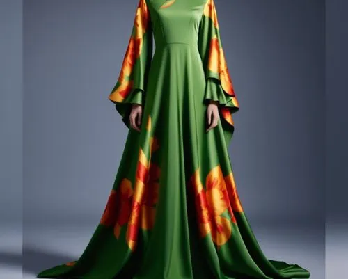 a woman in a green and orange gown,a floor-length dress,poiret,siriano,caftan,schiaparelli,vionnet,Photography,General,Realistic