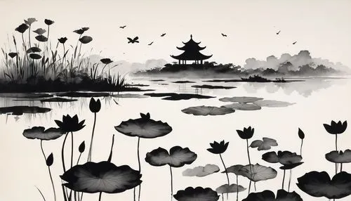 lotus pond,lotus on pond,water lilies,water lotus,waterlilies,lily pond,ink painting,lotus flowers,waterlily,white water lilies,flower painting,lotuses,water lily,lily pads,pond flower,lotus art drawing,lotus blossom,japanese floral background,lotus plants,blooming lotus,Illustration,Black and White,Black and White 31