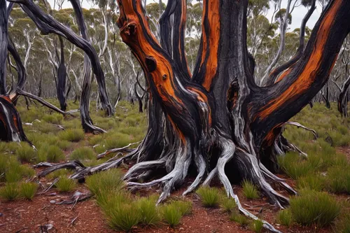 Burnt snowgum and regrowth by Kevin McGennan,gum trees,bush fire,burnt tree,south australia,deadvlei,bushfire,dead vlei,the roots of trees,forest dieback,gnarled,ghost forest,devil's walkingstick,tasm