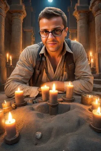 Man adventurer as Indiana Jones, strange temple.
Night light with candles.
With his wife ,deepawali,diwali,mubarak,candlemaker,ganga,pookkalam,candle wick,amitava saha,jawaharlal,diya,indian monk,midd