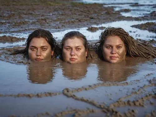 wet smartphone,mud wrestling,mud,the three graces,swimming people,the people in the sea,head stuck in the sand,mudskippers,reflection in water,puddle,in water,photoshoot with water,sirens,mudflat,wet lake,synchronized swimming,puddles,submerged,pond lenses,reflections in water,Photography,General,Realistic