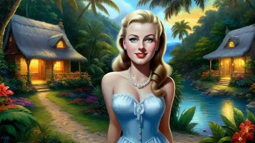 Romantic masterpiece oil painting, cute girl portrait, nostalgic 1950's style kitsch, vibrant rainforest landscape, lush tropical jungle paradise, summer beach vacation seaside cottage sunset scenery,