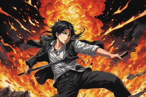 kenjutsu,kame sennin,fire background,sōjutsu,fire master,japanese martial arts,iaijutsu,xing yi quan,fire poi,flame spirit,akashiyaki,swordsman,fire artist,dragon fire,yukio,fire devil,fire dance,martial arts uniform,dragon slayer,fire kite,Illustration,Japanese style,Japanese Style 09