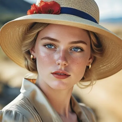 Close-up portrait of a young woman with striking features, displaying a thoughtful or introspective expression. Her face is highlighted by bright blue eyes, red lipstick, and delicate freckles dusting