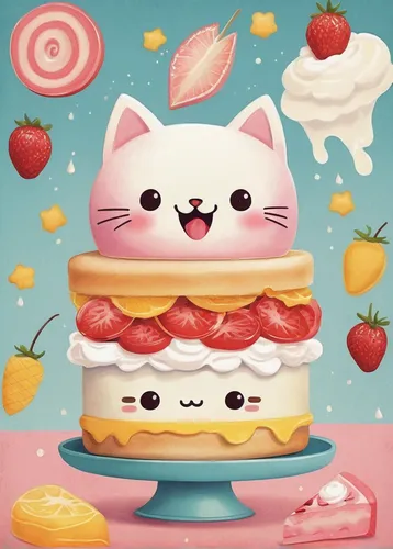 mille-feuille,strawberrycake,donut illustration,sandwich cake,kawaii food,sandwich-cake,shortcake,cassata,stylized macaron,cherrycake,kawaii foods,strawberry roll,strawberries cake,stack cake,fondant,little cake,slice of cake,cute cartoon image,pastelón,a cake,Illustration,Abstract Fantasy,Abstract Fantasy 02